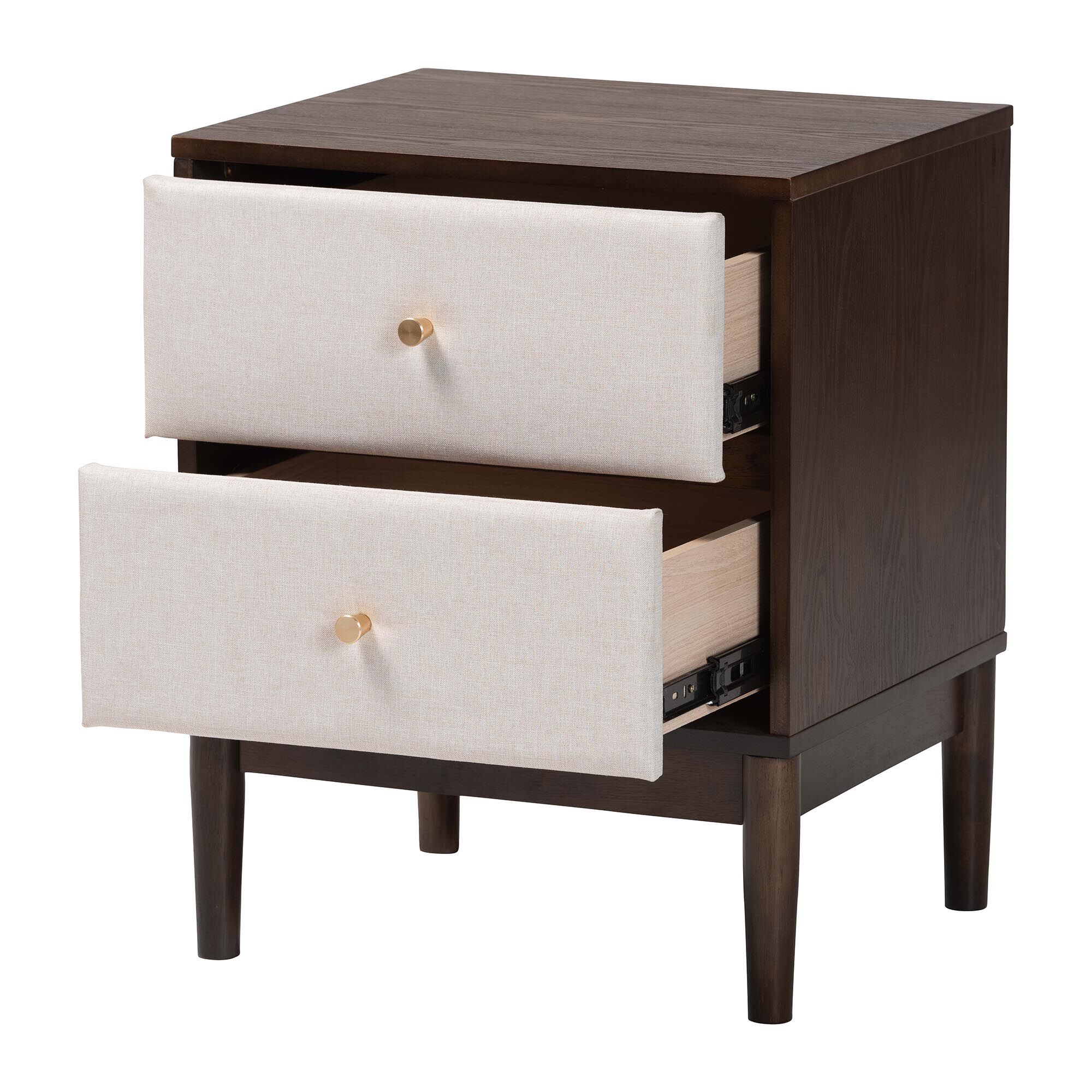 Nikolai Mid-Century Beige Fabric and Wenge Brown Wood 2-Drawer Nightstand, BEIGE, alternate image number 2