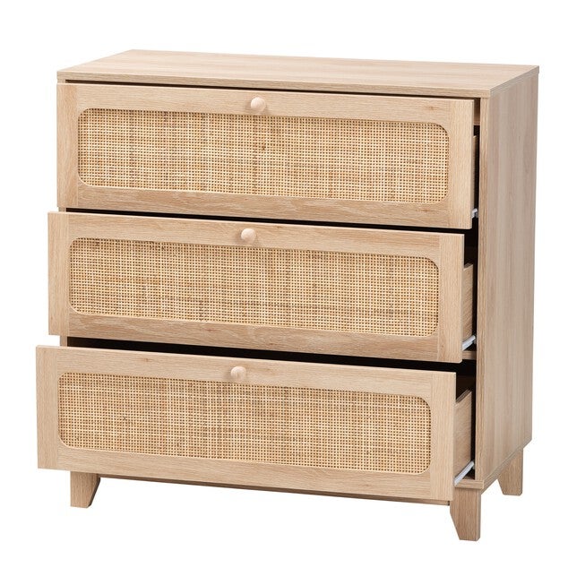 Elsbeth Japandi Oak Brown Finished Wood And Natural Rattan 3-Drawer Storage Cabinet, , on-hover image number null