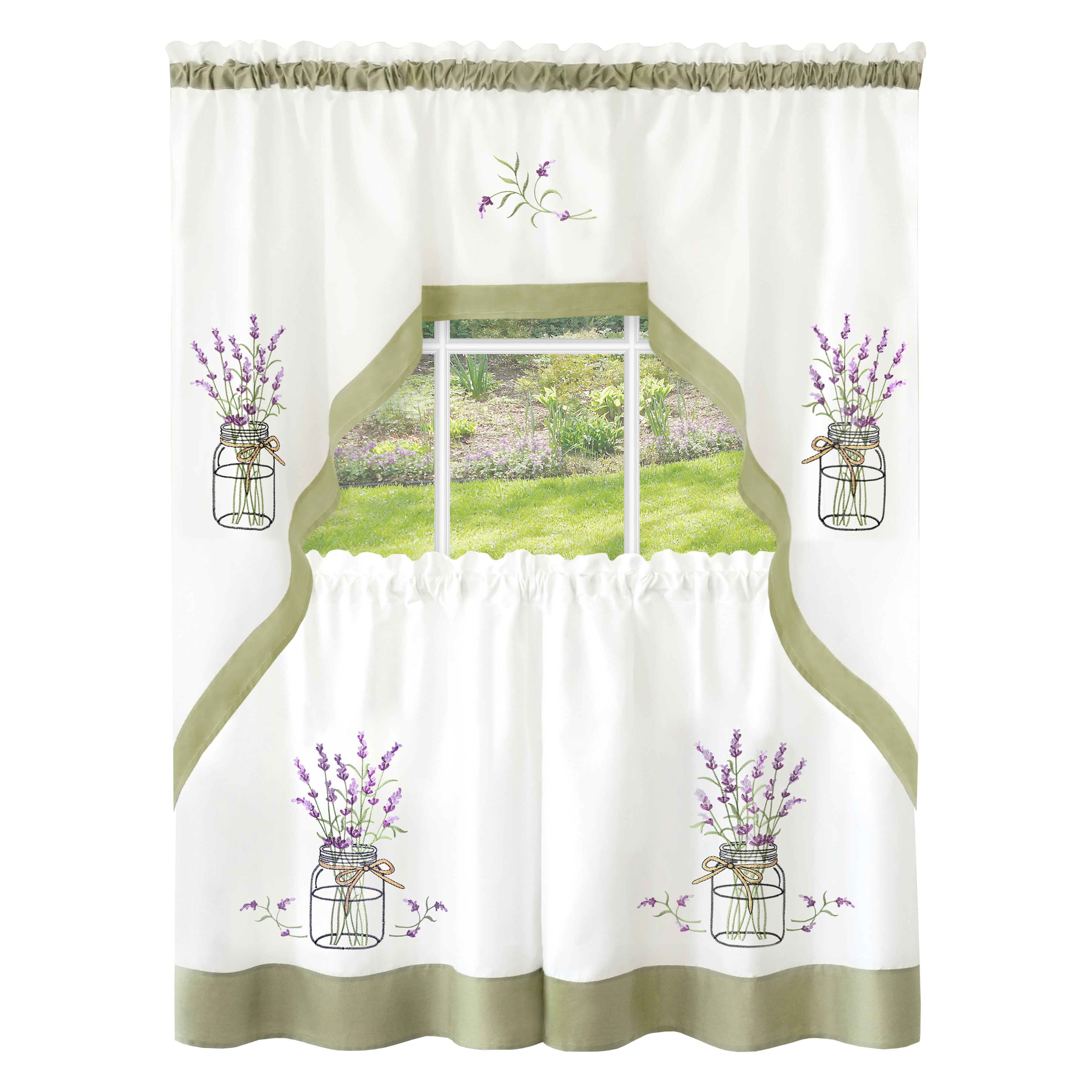 Lavender Embellished Tier and Swag Curtain Set, SAGE, alternate image number 1