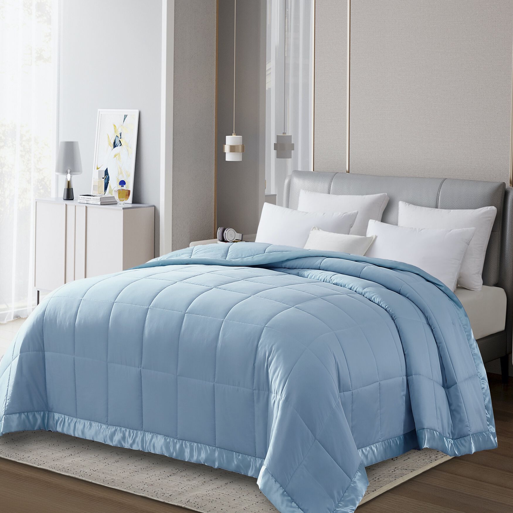 All Season Colored Microfiber Down Alternative Blanket, BLUE, hi-res image number 0
