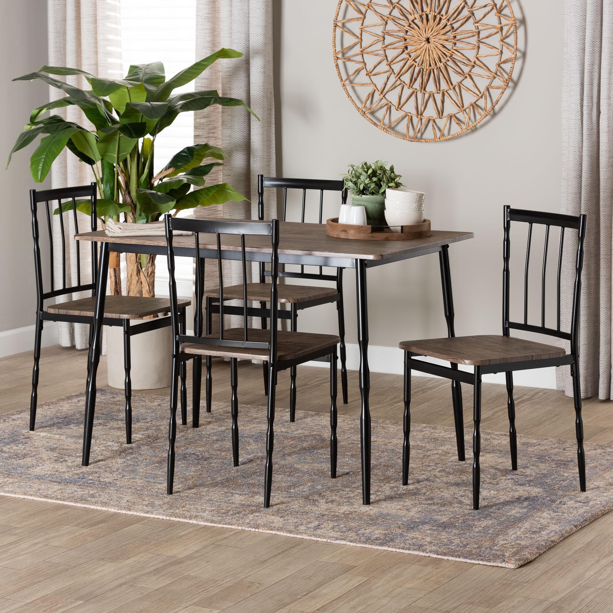 Nevan Modern Industrial Brown Wood and Metal 5-Piece Dining Set, BROWN, hi-res image number 0