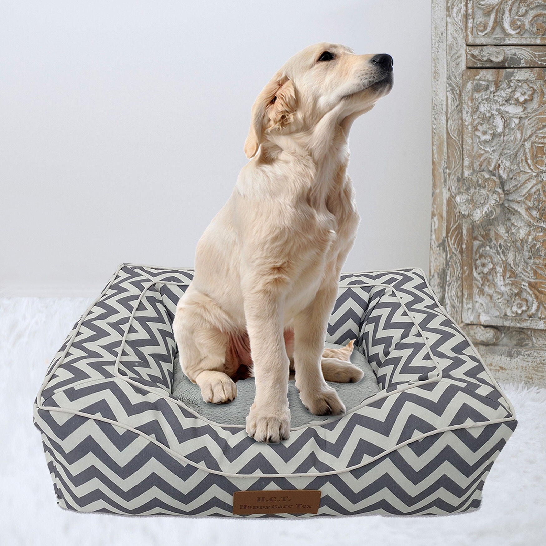 Chevron poly-cotton bolster with detachable faux fur cushion Medium Size, GREY, hi-res image number 0