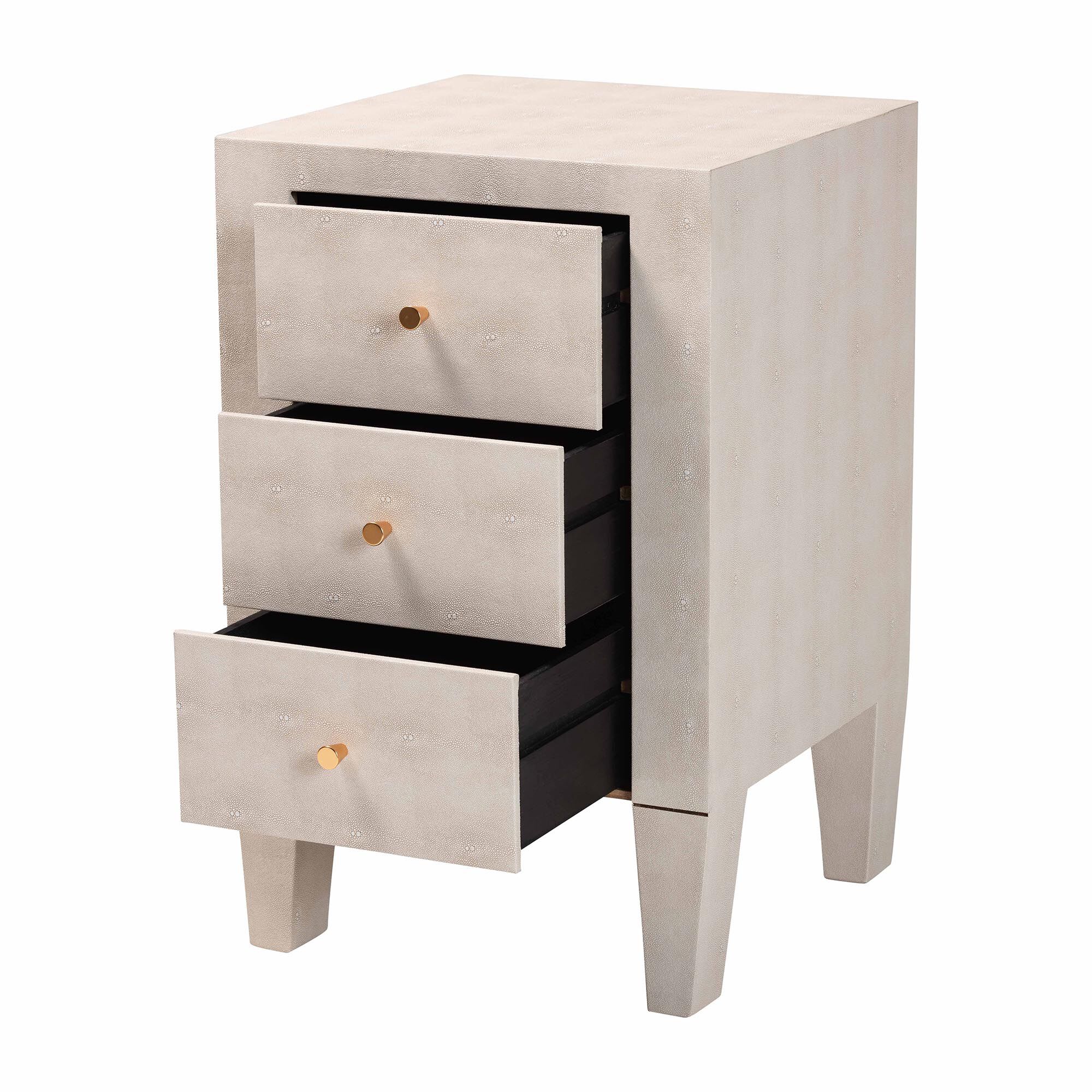 Three-drawer nightstand with one drawer open showing dark interior and metal slides.