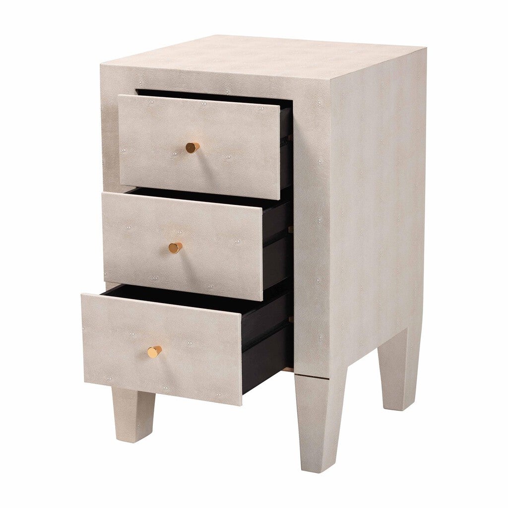 Three-drawer nightstand with one drawer open showing dark interior and metal slides.