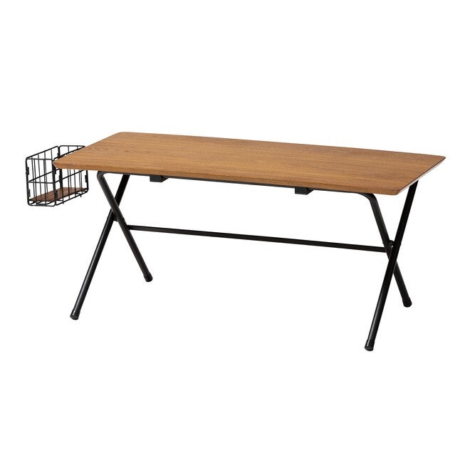 Low profile coffee table with wood top and black metal X legs and storage basket