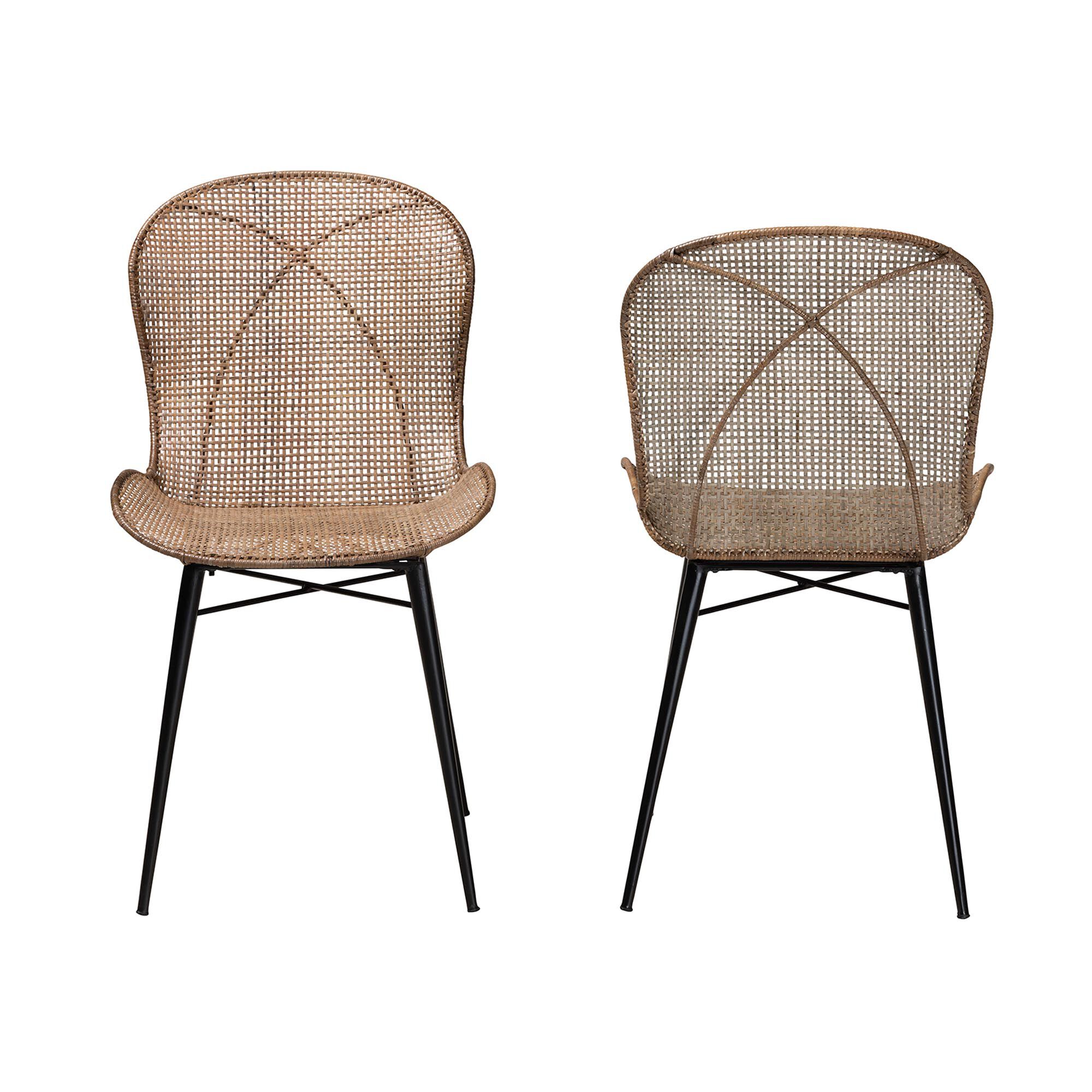 Sabelle Japandi Greywashed Rattan and Black Metal 2-Piece Dining Chair Set, BLACK, alternate image number 3