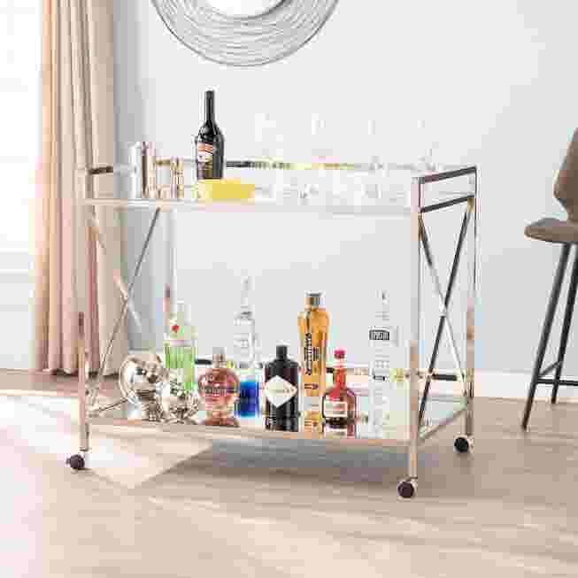 Maxton Gold bar cart with mirrored shelves and gold frame