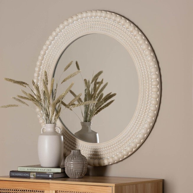 Grazia Modern Round Beaded-framed Accent Mirror in Pearl White, PEARL WHITE, alternate image number 3