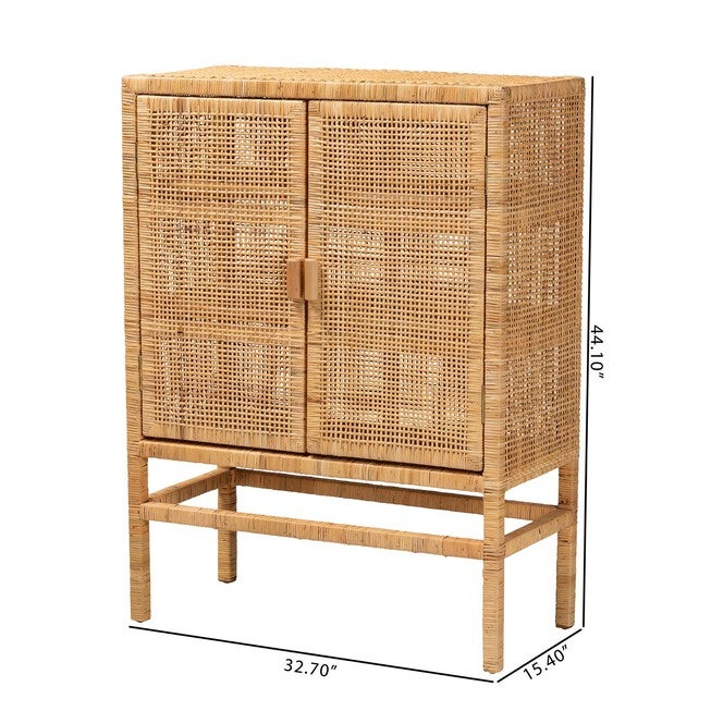 Vivan Modern Bohemian Natural Brown Rattan And Mahogany Wood 3-Shelf Storage Cabinet, , alternate image number null