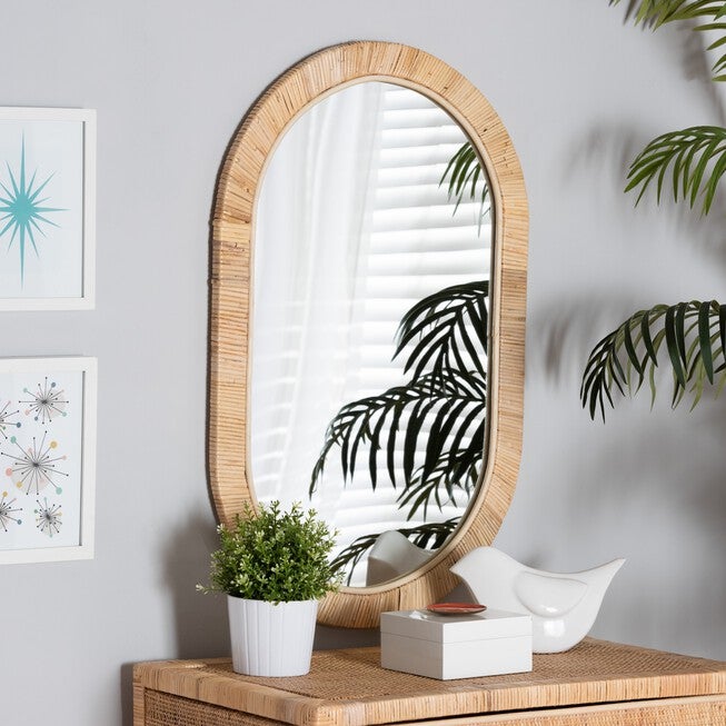 Bella Modern Bohemian Natural Brown Mahogany Wood and Natural Rattan Mirror, , alternate image number null