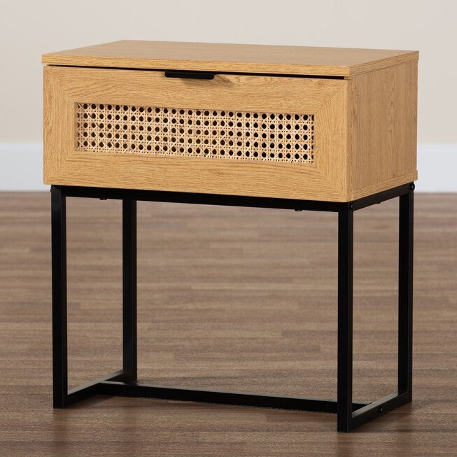 Sawyer Mid-Century Modern Industrial Oak Brown Finished Wood And Black Metal 1-Drawer End Table With Natural Rattan, , alternate image number null