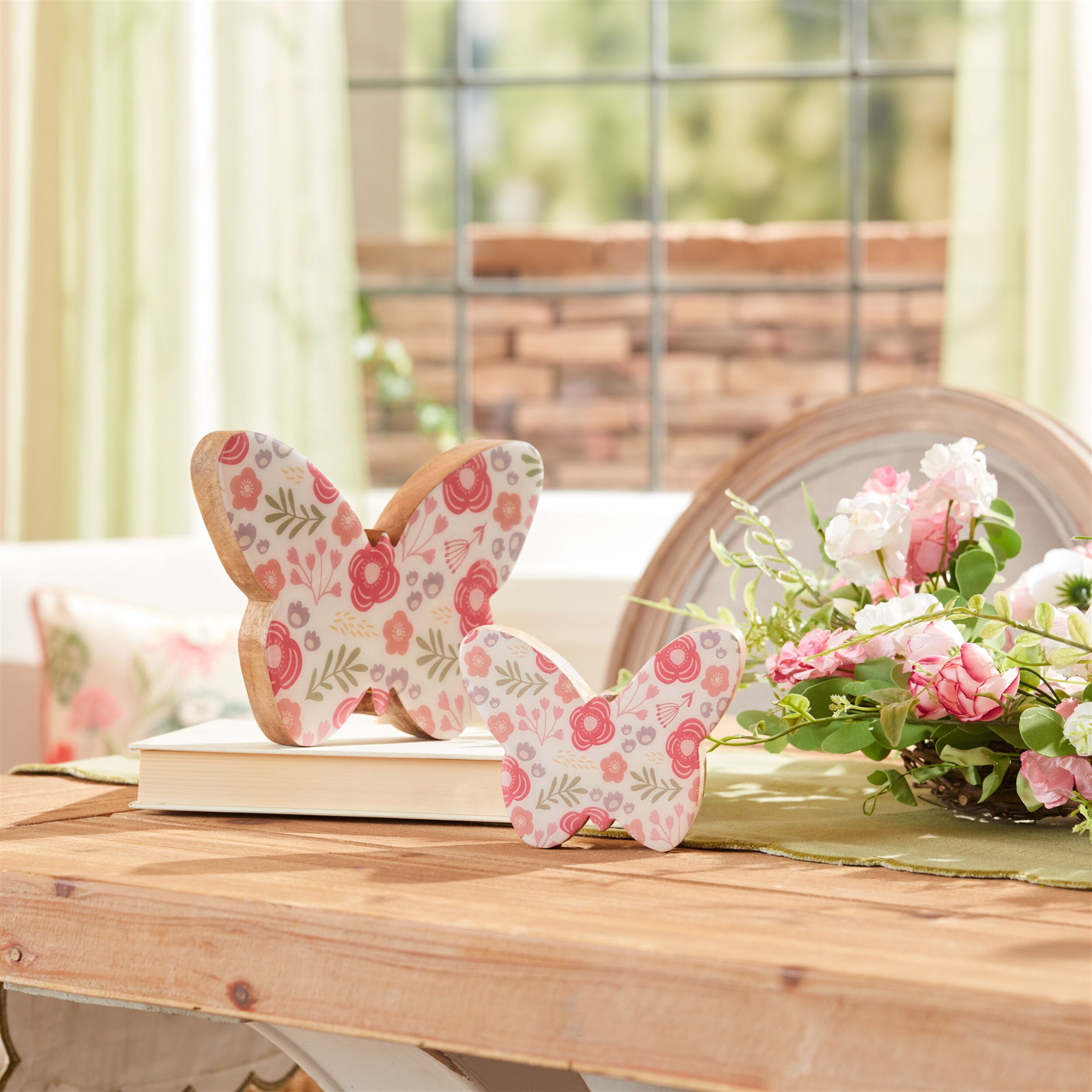 Wood Floral Patterned Butterfly Decor Set of 2, WHITE PINK, alternate image number 1