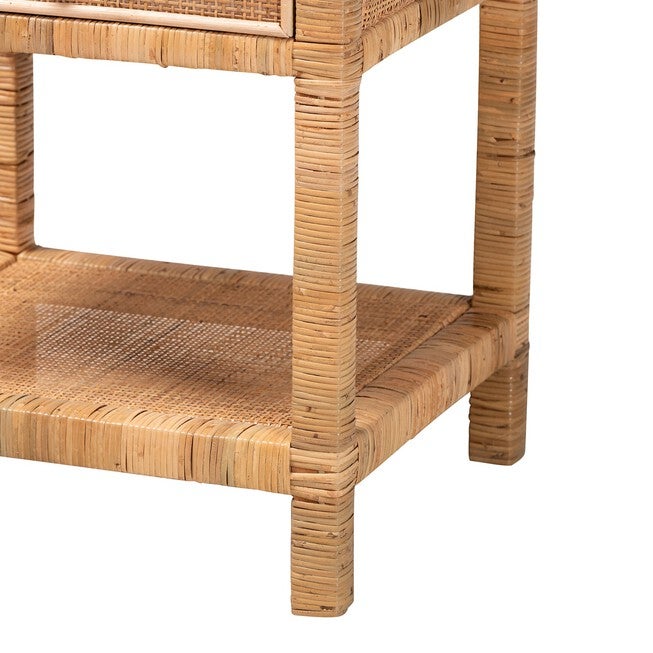 Adelia Modern Bohemian Natural Rattan And Mahogany Wood 1-Drawer Nightstand, , alternate image number null