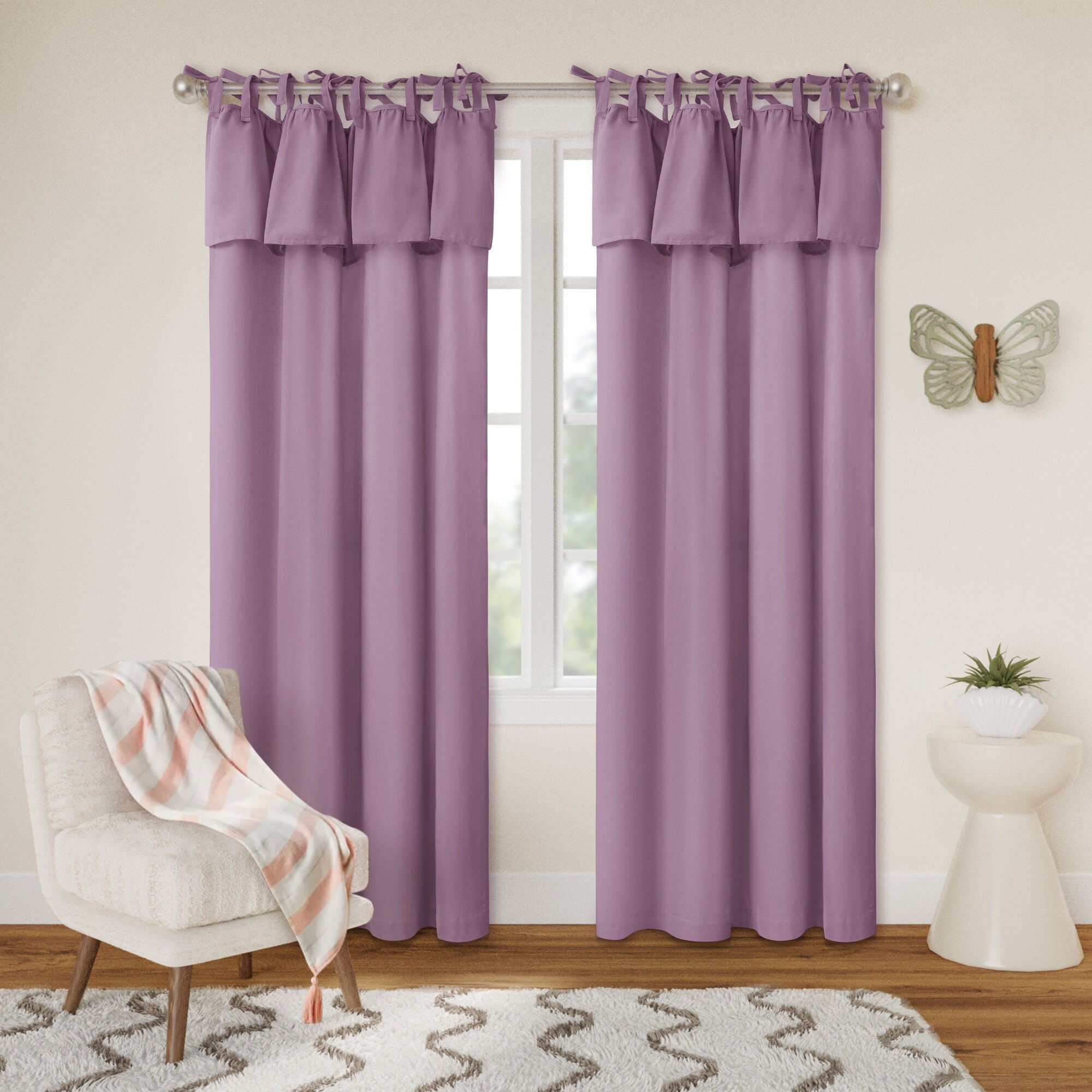 Recycled Cotton Blend Ruffle Tie Top Curtain Pair, BLEACHED MAUVE, hi-res image number 0
