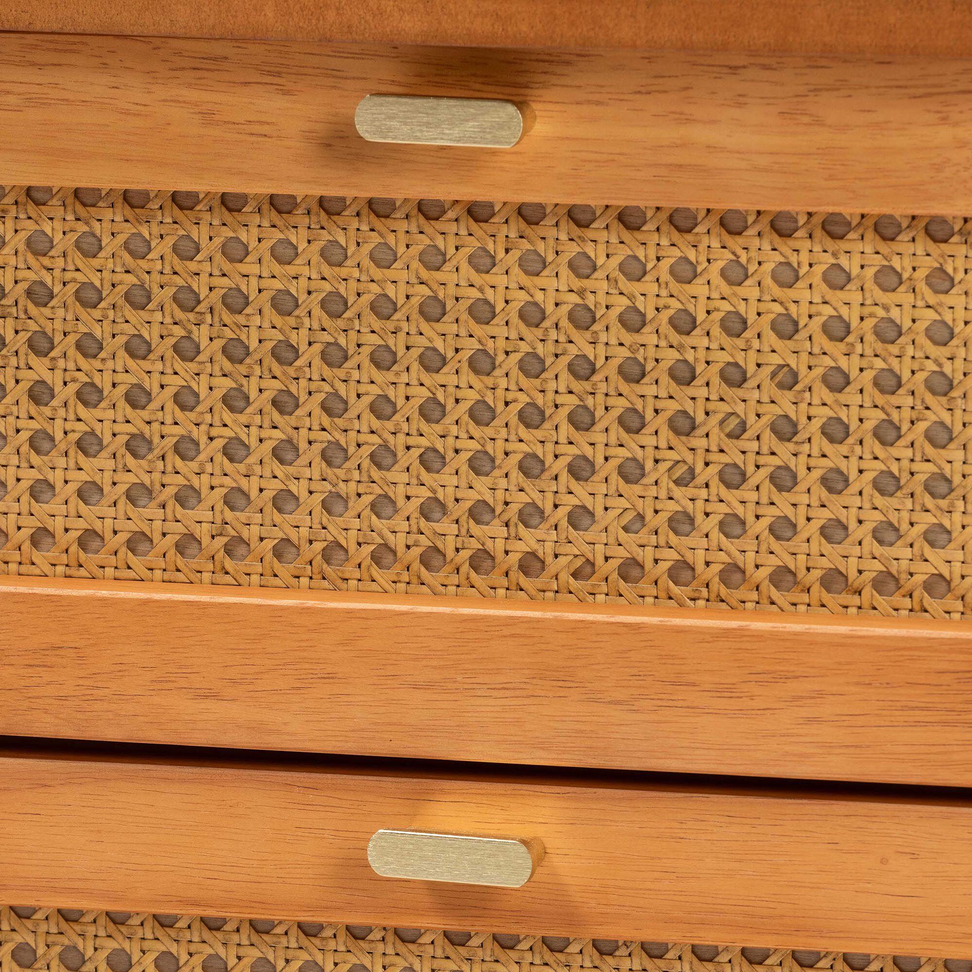 Jenn Golden Brown Wood Japandi 2-Drawer Nightstand with Distressed-Finished Rattan, BROWN, alternate image number 5