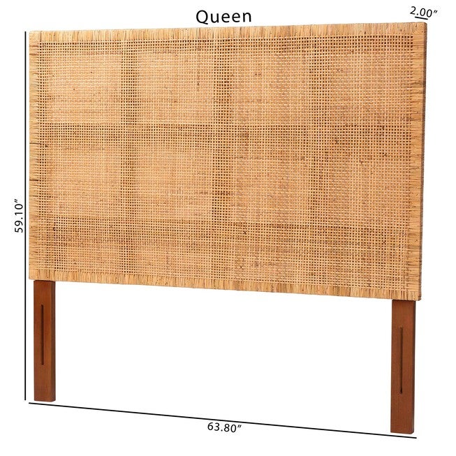 Lesia Bohemian Natural Rattan and Mahogany Wood Queen Size Headboard, LIGHT, alternate image number null