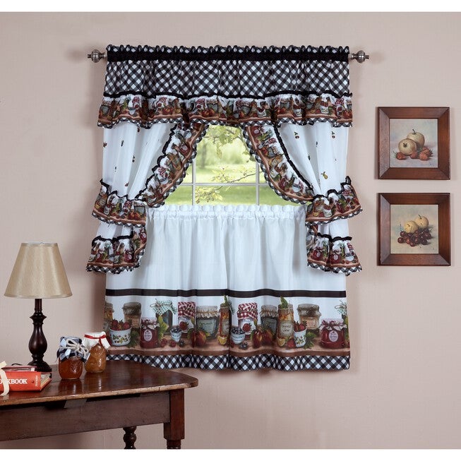 Mason Jars Window Curtain Set, BLACK WHITE, hi-res image number 0