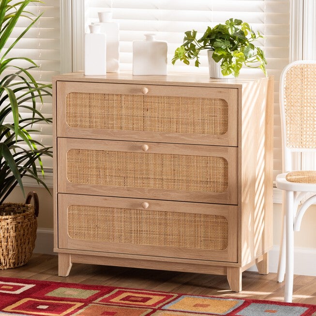 Elsbeth Japandi Oak Brown Finished Wood And Natural Rattan 3-Drawer Storage Cabinet, , alternate image number null
