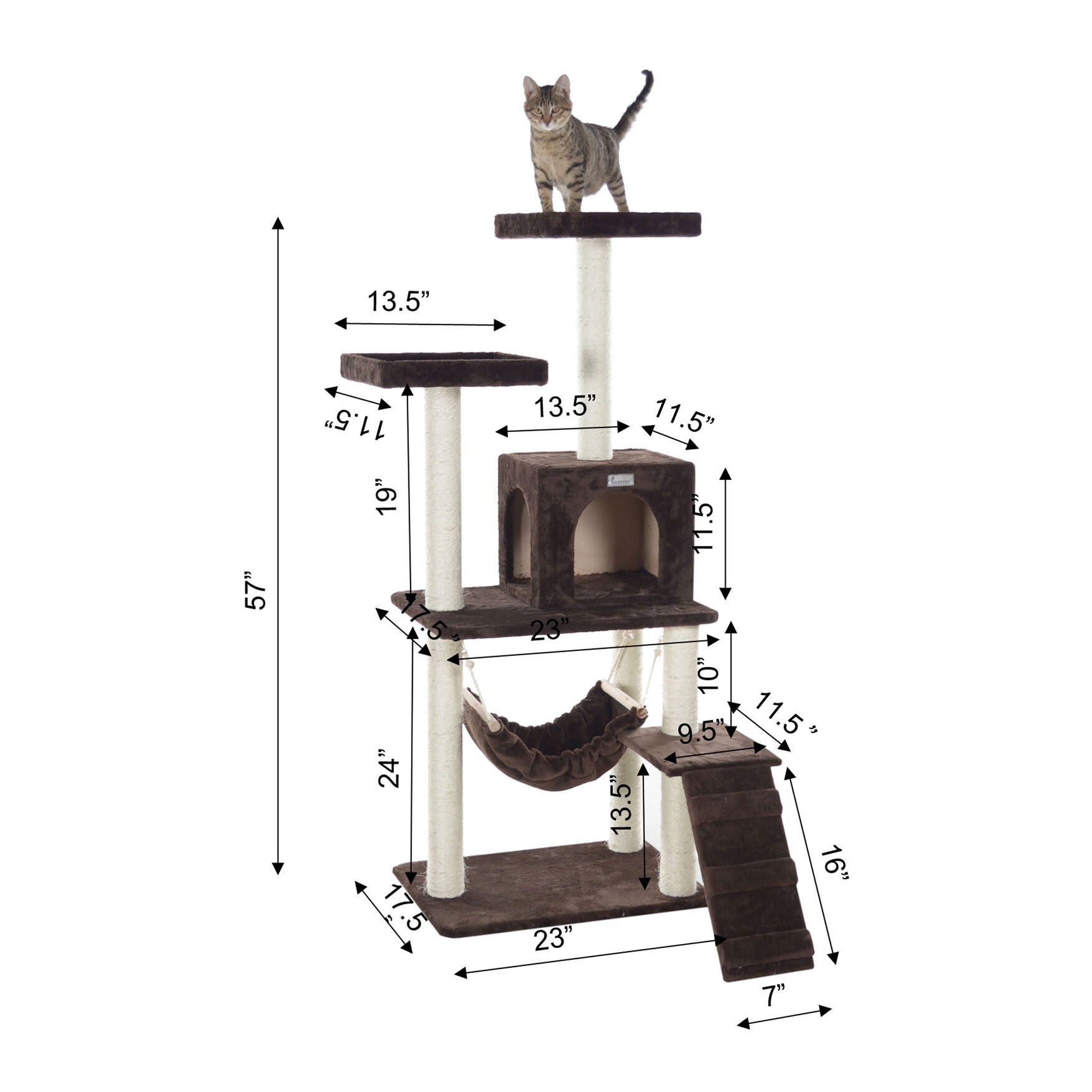 4 Level Gleepet Real Wood 57 inches Condo Cat Tree With Ramp, Hammock, , alternate image number 3