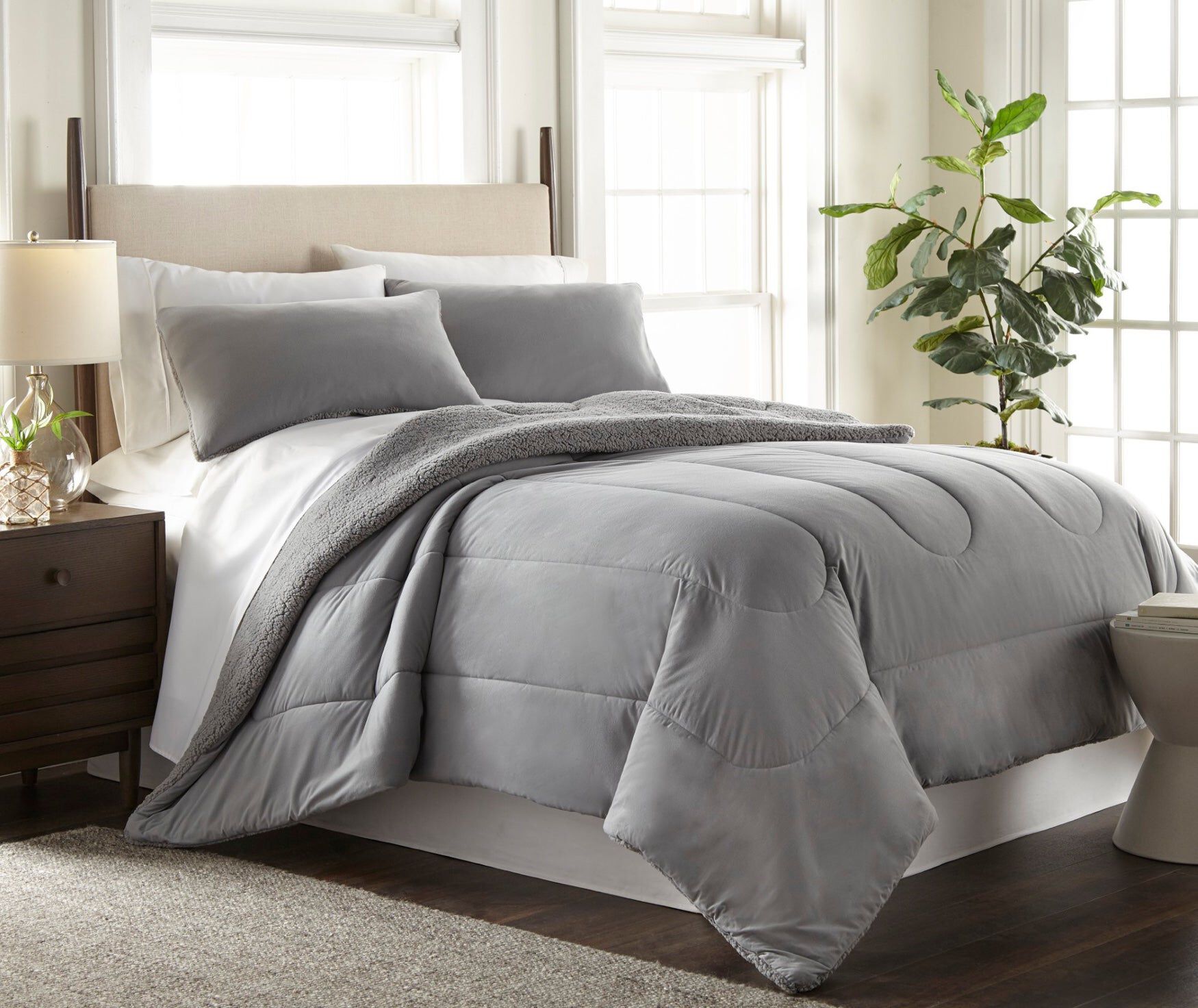 Reversible Micro Flannel&reg; Sherpa 3-Pc. Comforter Set, GREYSTONE, hi-res image number 0