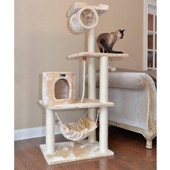 62 inches Real Wood Cat Tree With Scratch Posts, Hammock, , on-hover image number null
