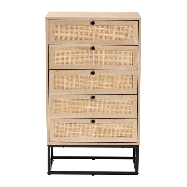 Amelia Mid-Century Modern Transitional Natural Brown Finished Wood And Natural Rattan 5-Drawer Chest, , alternate image number 2