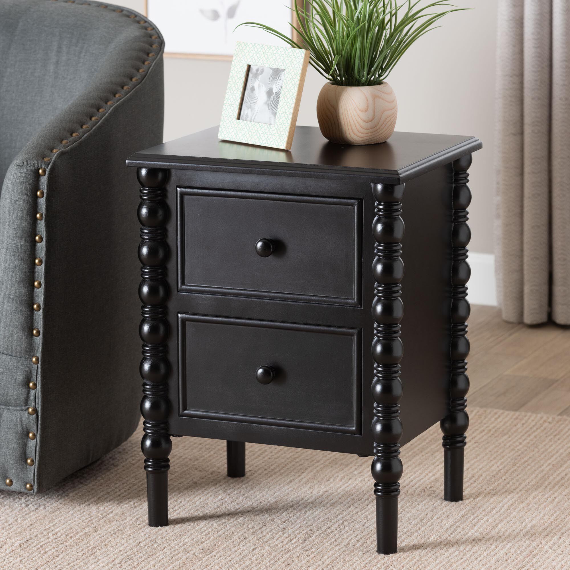 Malinda Classic White Wood 2-Drawer End Table with Spindle Legs, BLACK, hi-res image number 0