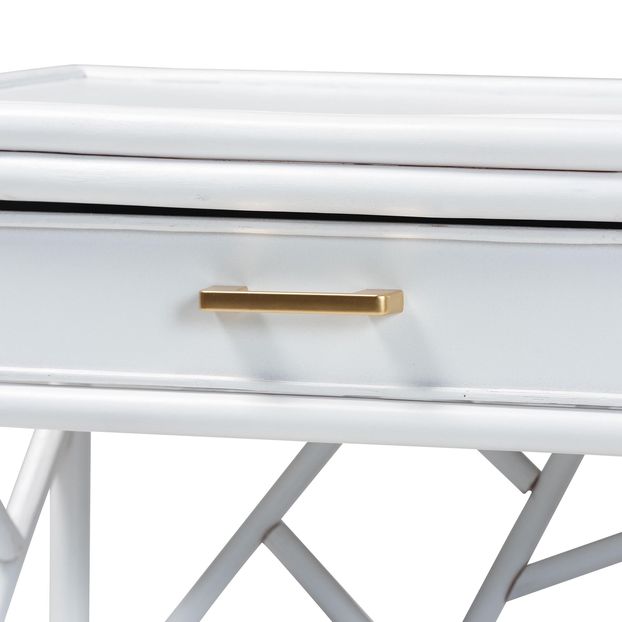 Close-up of drawer handle on white nightstand