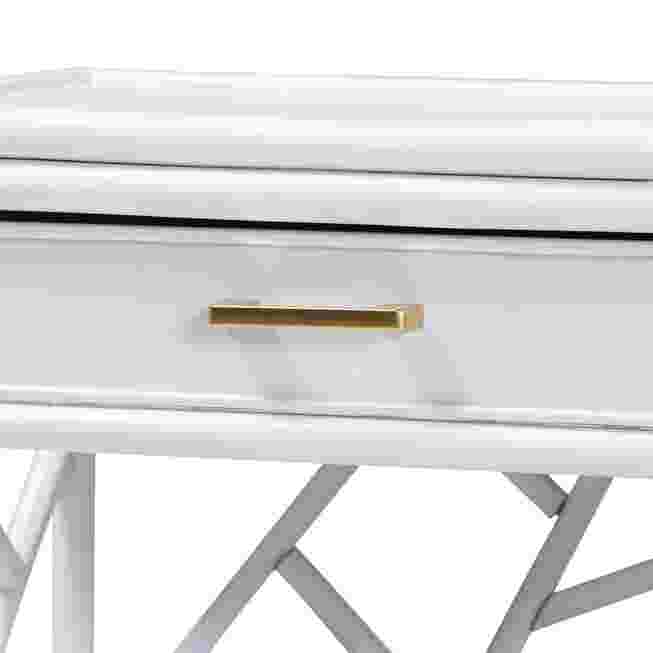 Close-up of drawer handle on white nightstand