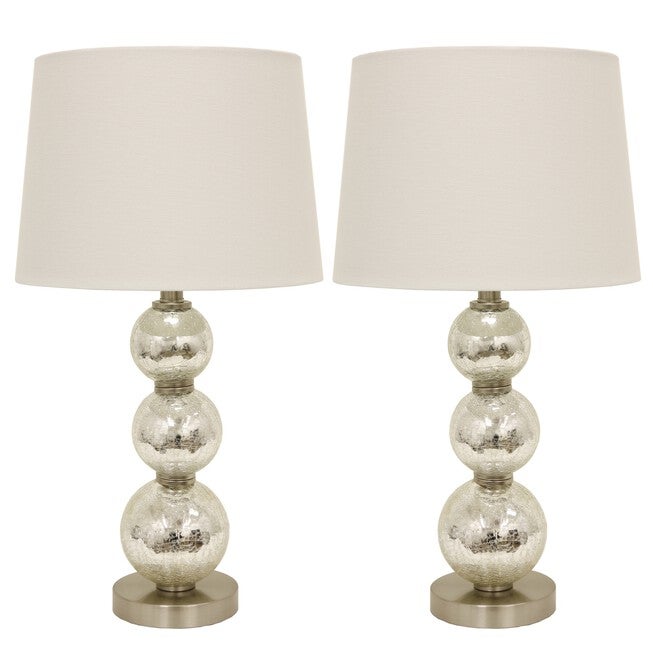 1 Set Mirrored Crackle Mercury Tri-Tiered Glass Table Lamp White Linen Hardback Shade , MIRROR, hi-res image number null
