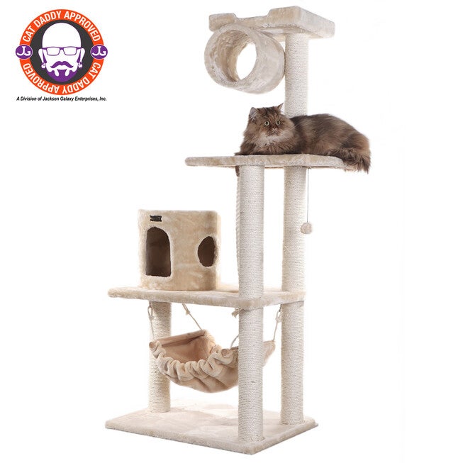 62 inches Real Wood Cat Tree With Scratch Posts, Hammock, BEIGE, hi-res image number null