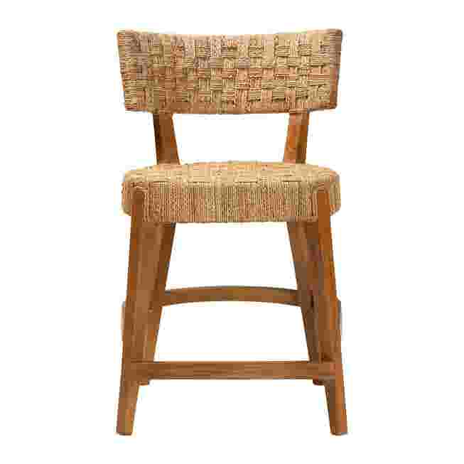 Front view of wooden counter stool showing seat and backrest