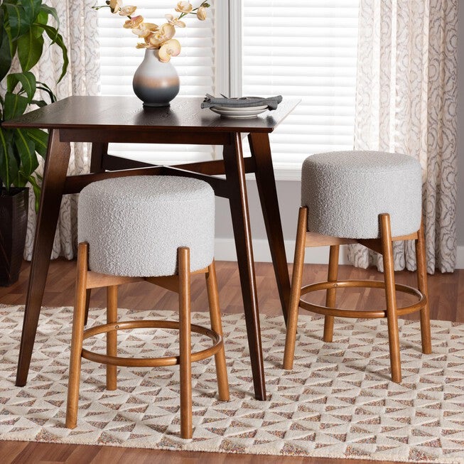 Olwen Modern Japandi Light Grey Boucle Fabric And Walnut Brown Finished Wood 2-Piece Bar Stool Set, , alternate image number null