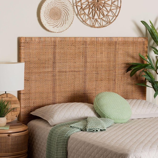 Lesia Bohemian Natural Rattan and Mahogany Wood Queen Size Headboard, LIGHT, alternate image number null