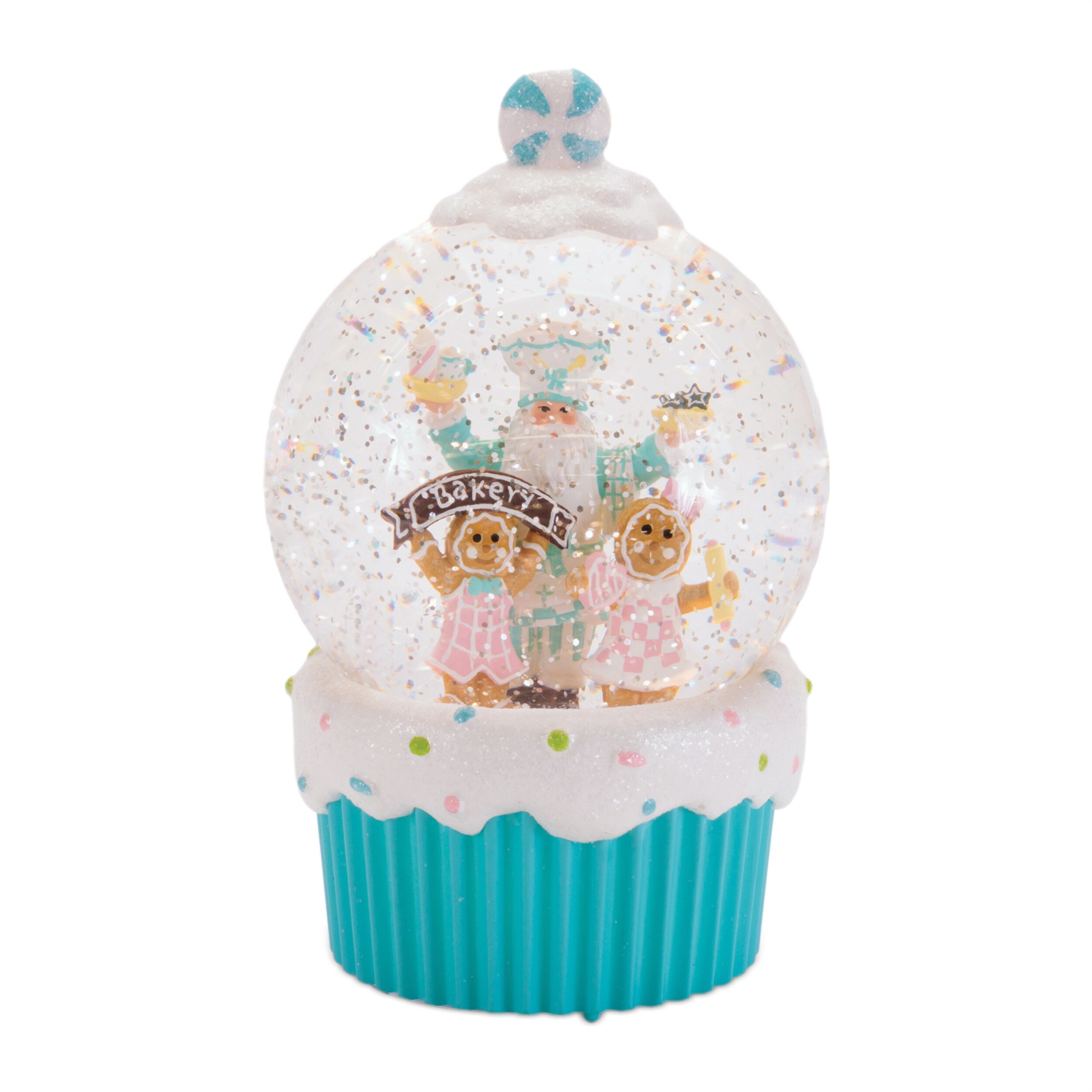LED Santa & Gingerbread Bakery Snow Globe 7.5 inchesH, WHITE BLUE, hi-res image number 0