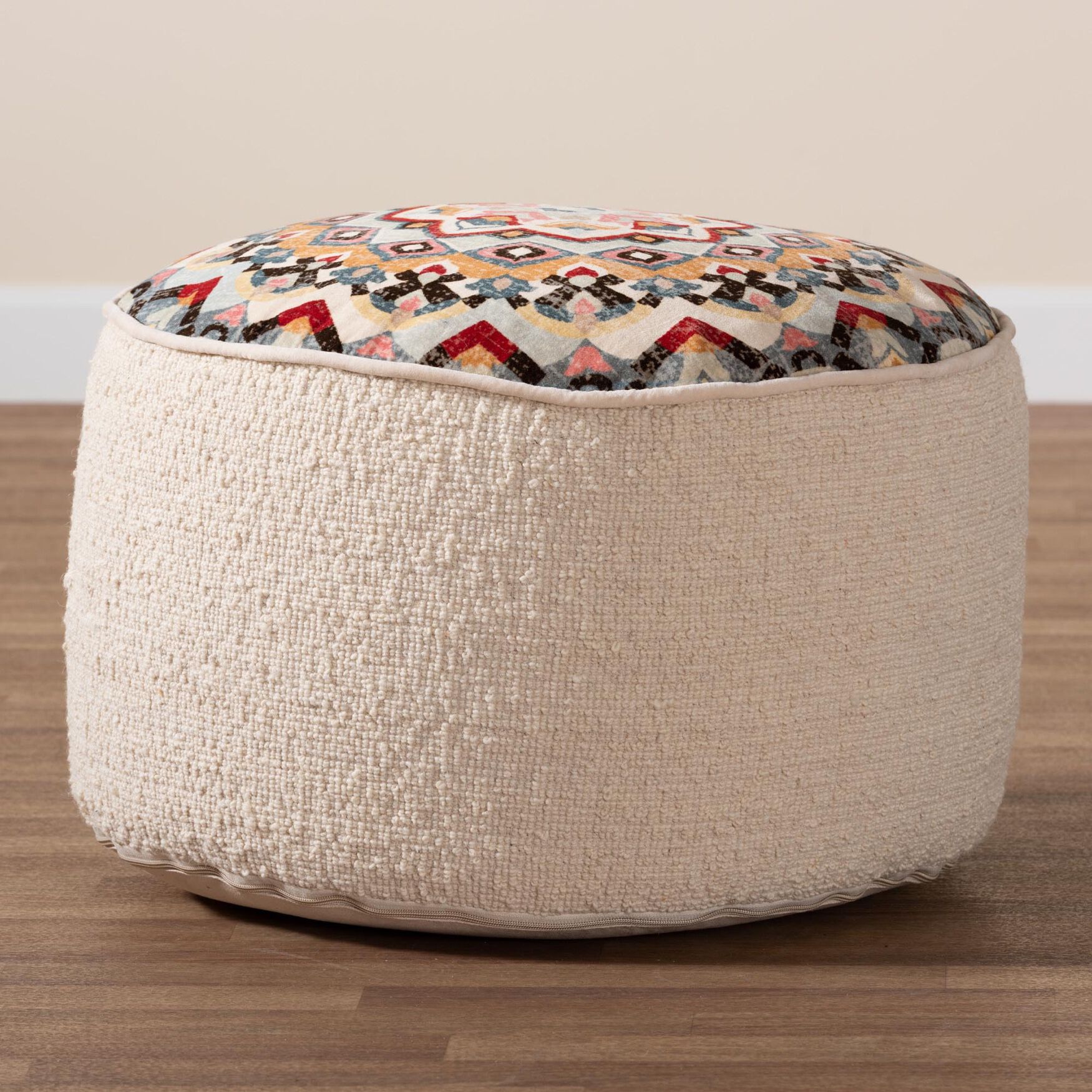 Durrus Vintage Cream And Multicolor Fabric Ottoman Pouf, , alternate image number 3