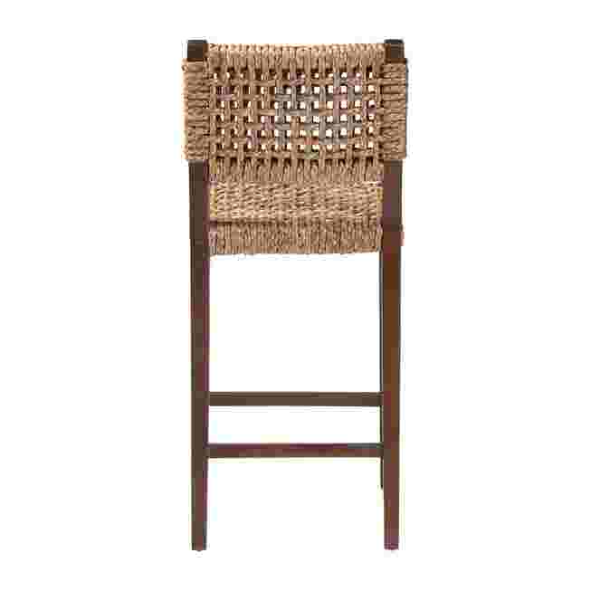 Handwoven seagrass bar stool back/side view with dark wood legs