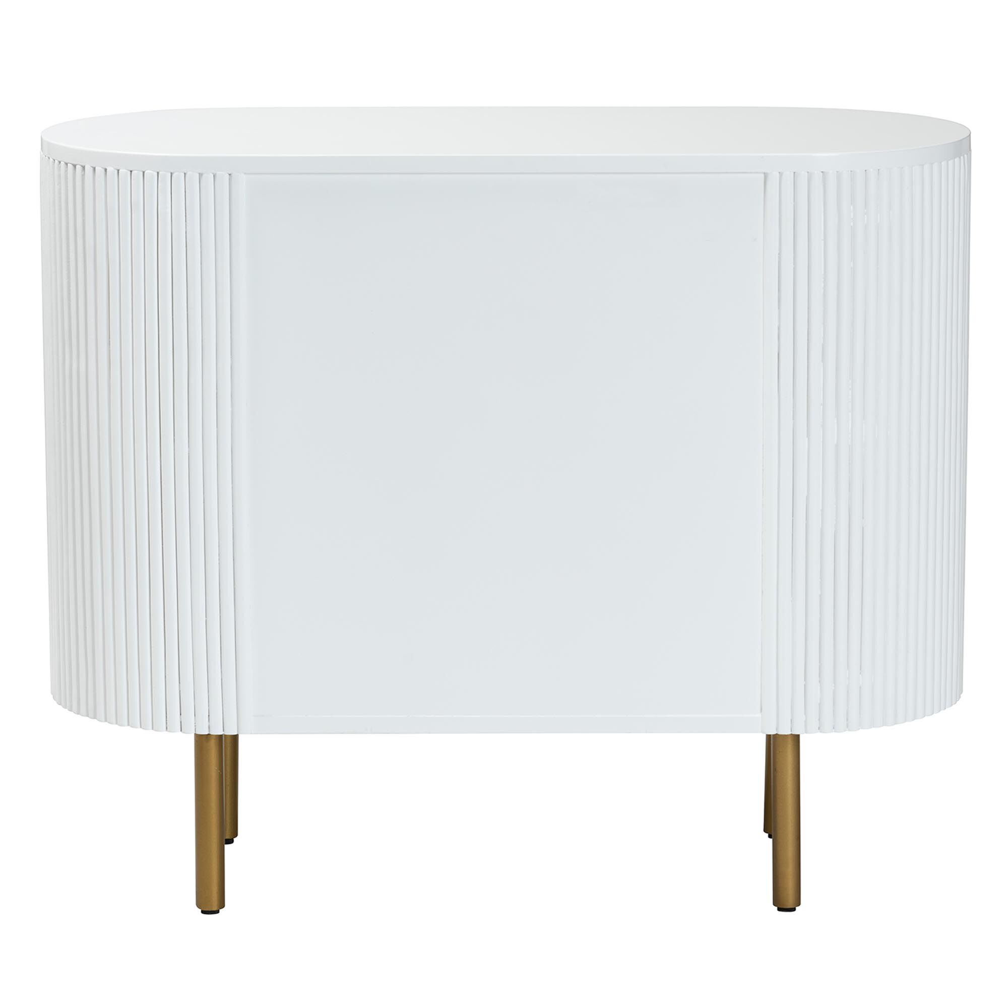 Backless view of white fluted 3-drawer dresser with gold tapered legs