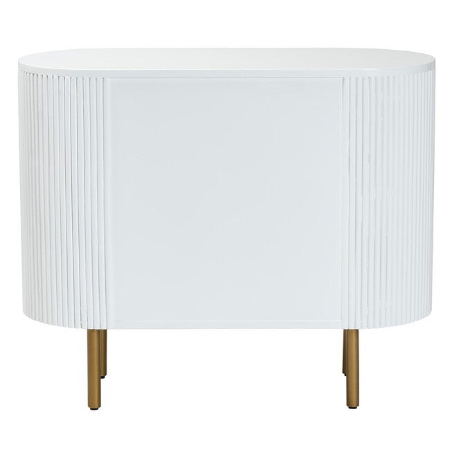Backless view of white fluted 3-drawer dresser with gold tapered legs