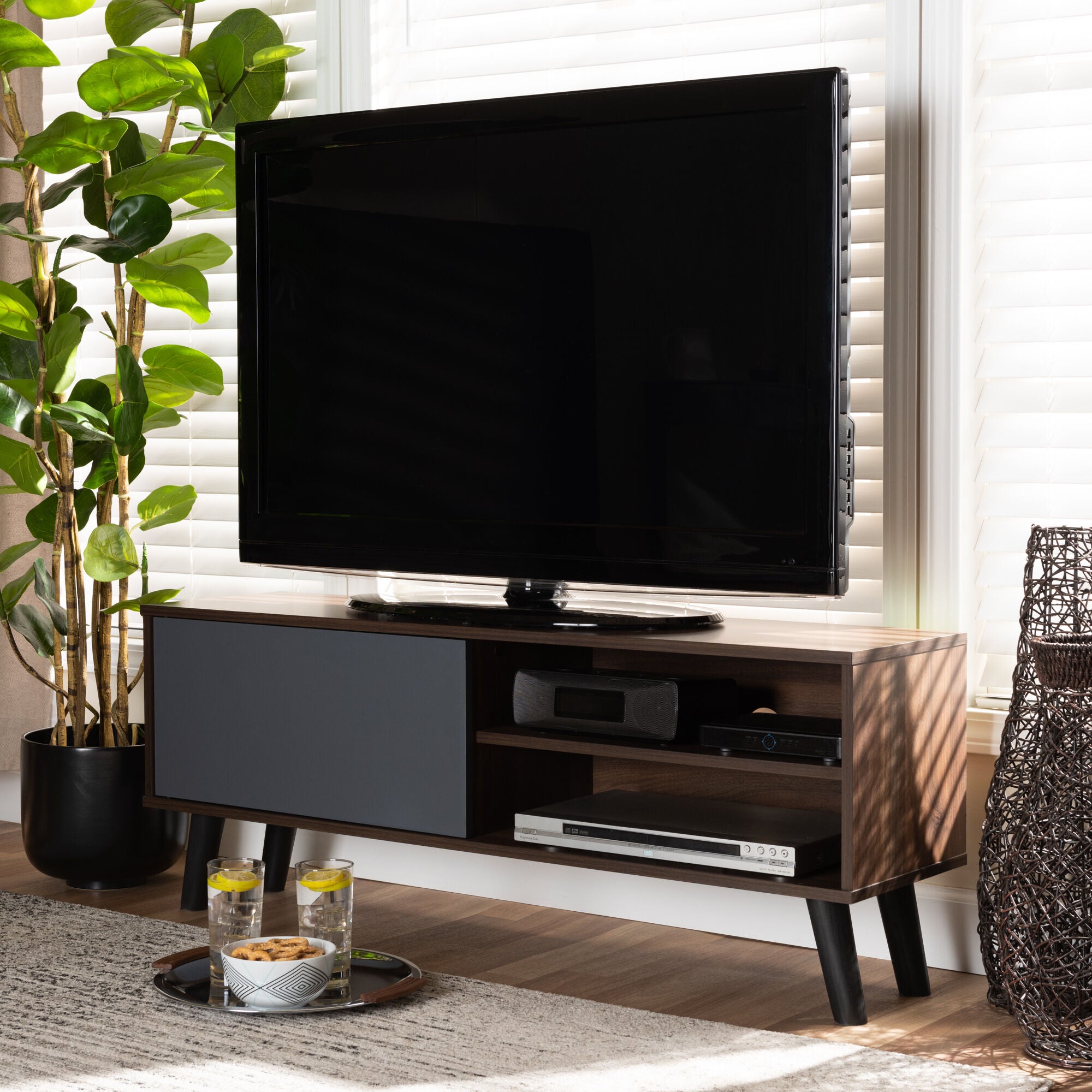 Mallory Modern and Contemporary Two-Tone Walnut Brown and Grey Finished Wood TV Stand, GREY, hi-res image number 0