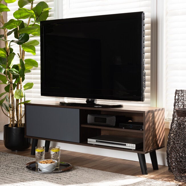 Mallory Modern and Contemporary Two-Tone Walnut Brown and Grey Finished Wood TV Stand, GREY, hi-res image number 0