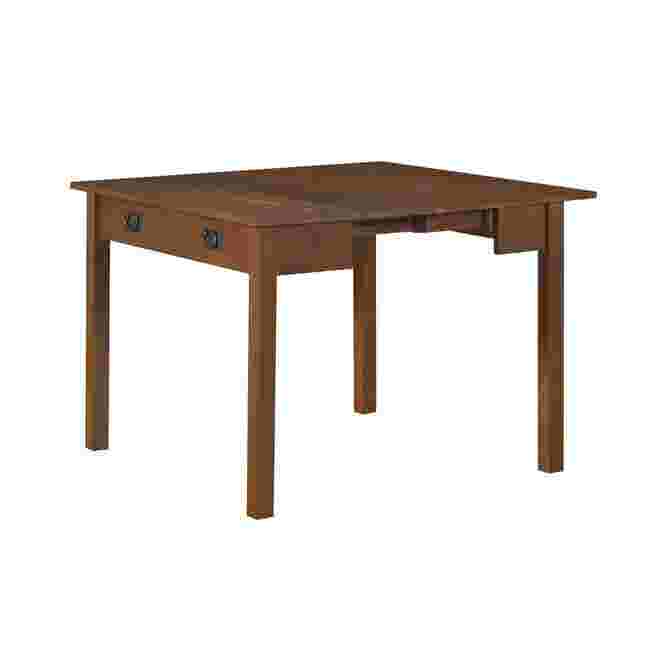 Wooden table shown from side with drawers