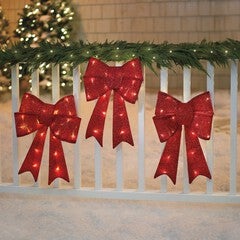 Pre-Lit Tinsel Bows, Set of 3