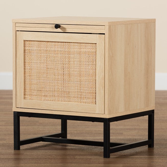 Caterina Mid-Century Modern Transitional Natural Brown Finished Wood And Natural Rattan 1-Door Nightstand With Pull-Out Shelf, , alternate image number 8