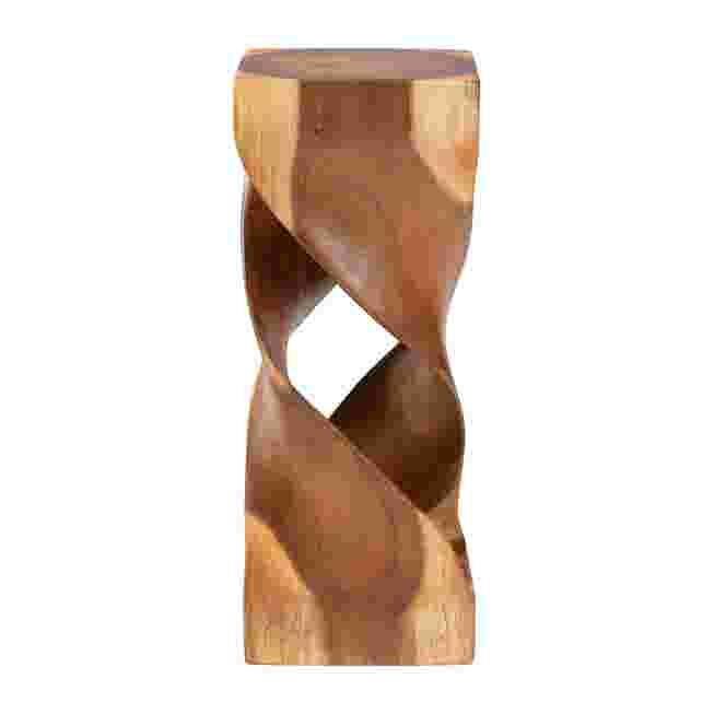 Hand-carved suar wood pedestal accent table showing sculpted twist