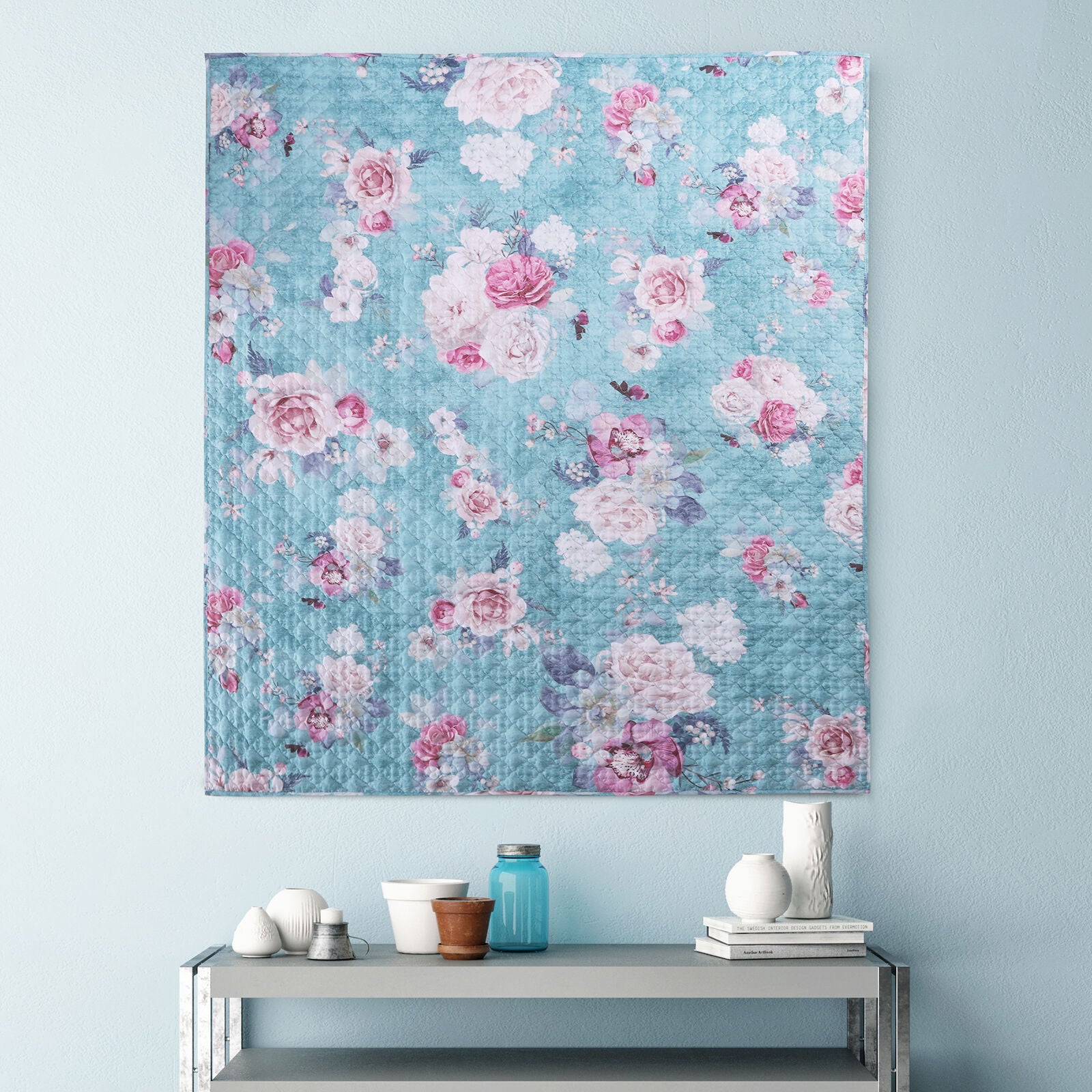 Avril Pastel Roses Quilted Throw Blanket, TURQUOISE BLUE, alternate image number 3