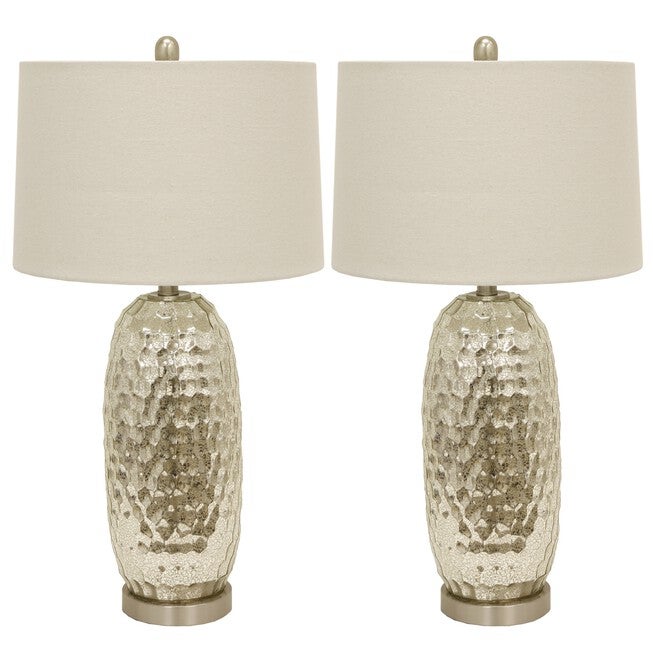 1 Set Antique Mercury Dimple Glass Table Lamp Off-White Linen Hardback Shade , STEEL, hi-res image number null