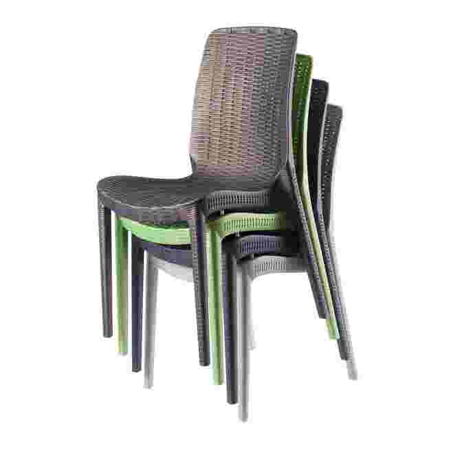 Stacked chairs in various colors