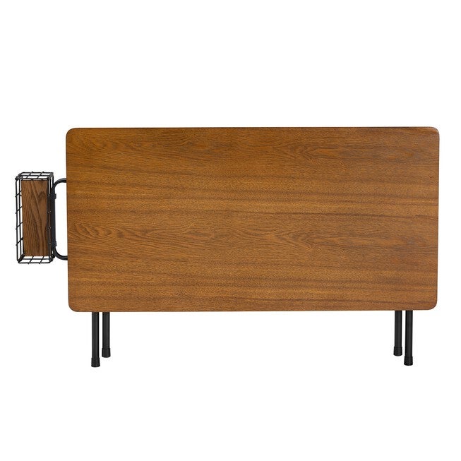 Coffee table wood top with black legs and wire basket detail