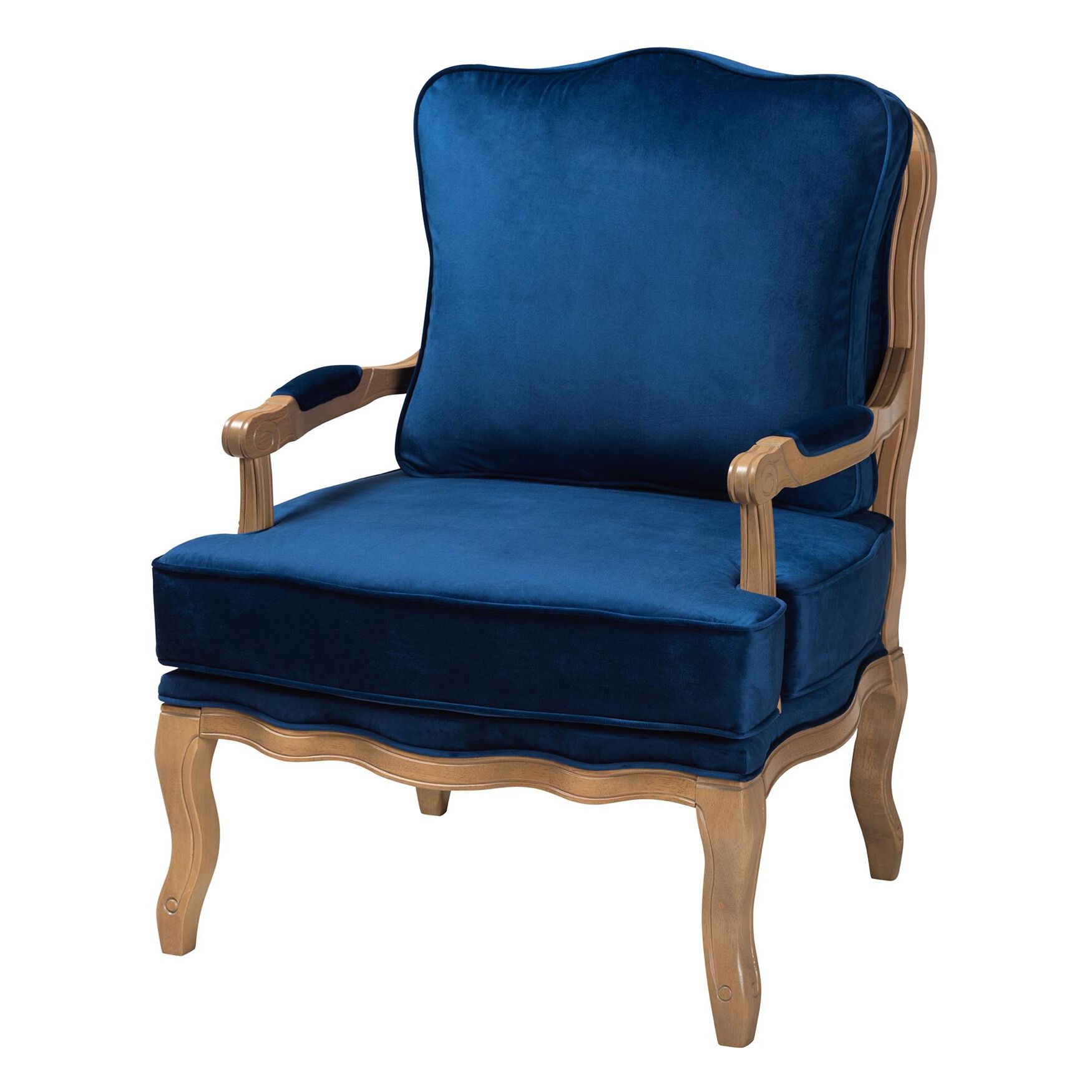 Jules Traditional Navy Blue Fabric And French Oak Brown Finished Wood Accent Chair, BLUE OAK, hi-res image number 0